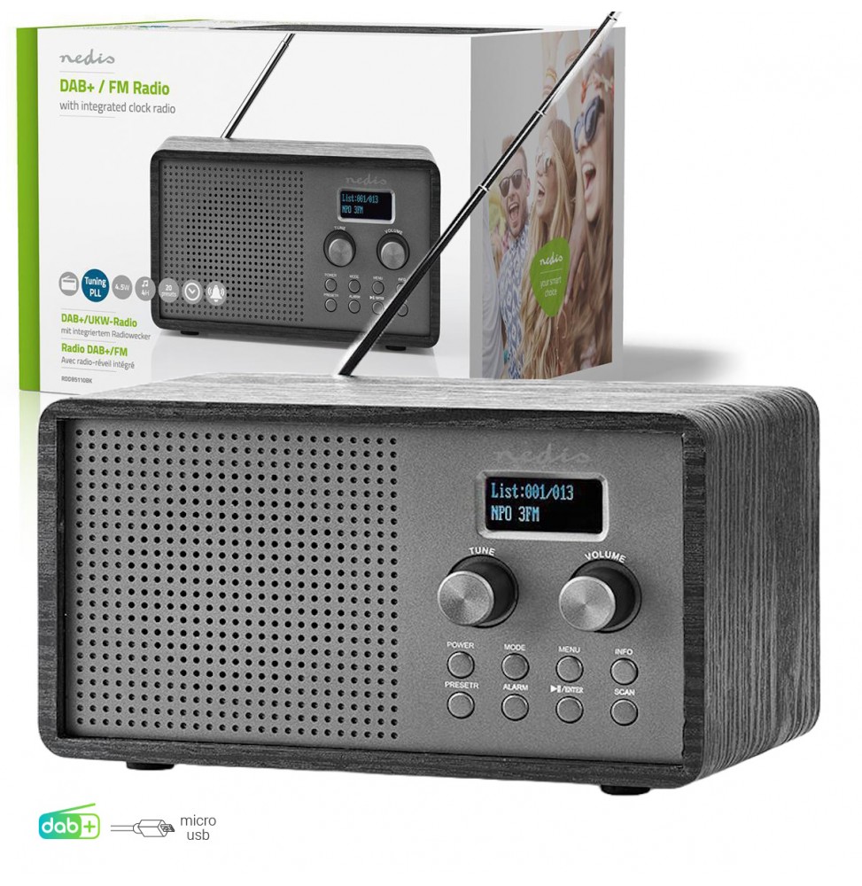 Nedis Radio Sveglia Retò DAB+ FM PLL Portatile Lettore AUX Alimentazione USB