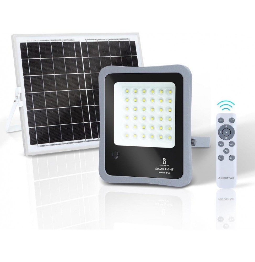 AIGOSTAR FARO FARETTO SOLARE LED 100W SENSORE MOVIMENTO CREPUSCO TELECOMANDO