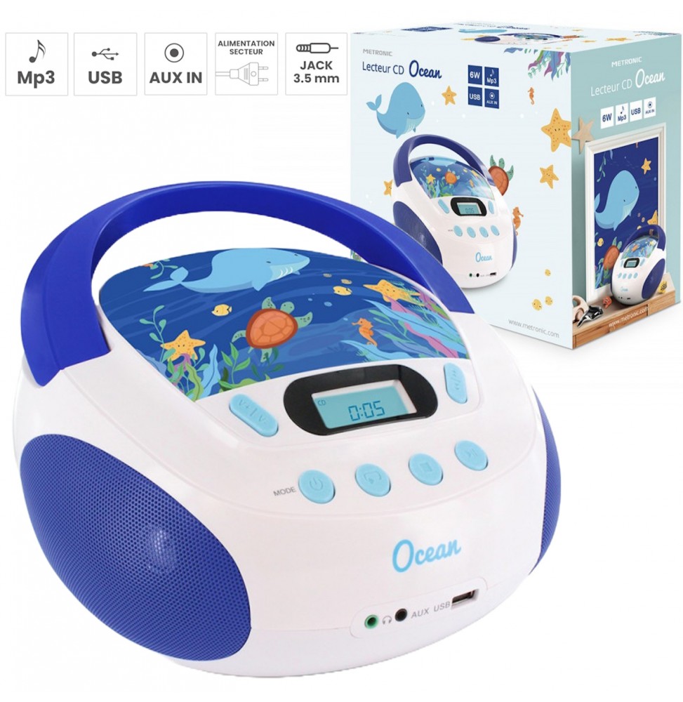 METRONIC BOOMBOX OCEAN KIDS STEREO LETTORE CD MP3 USB AUX-IN PER BAMBINI