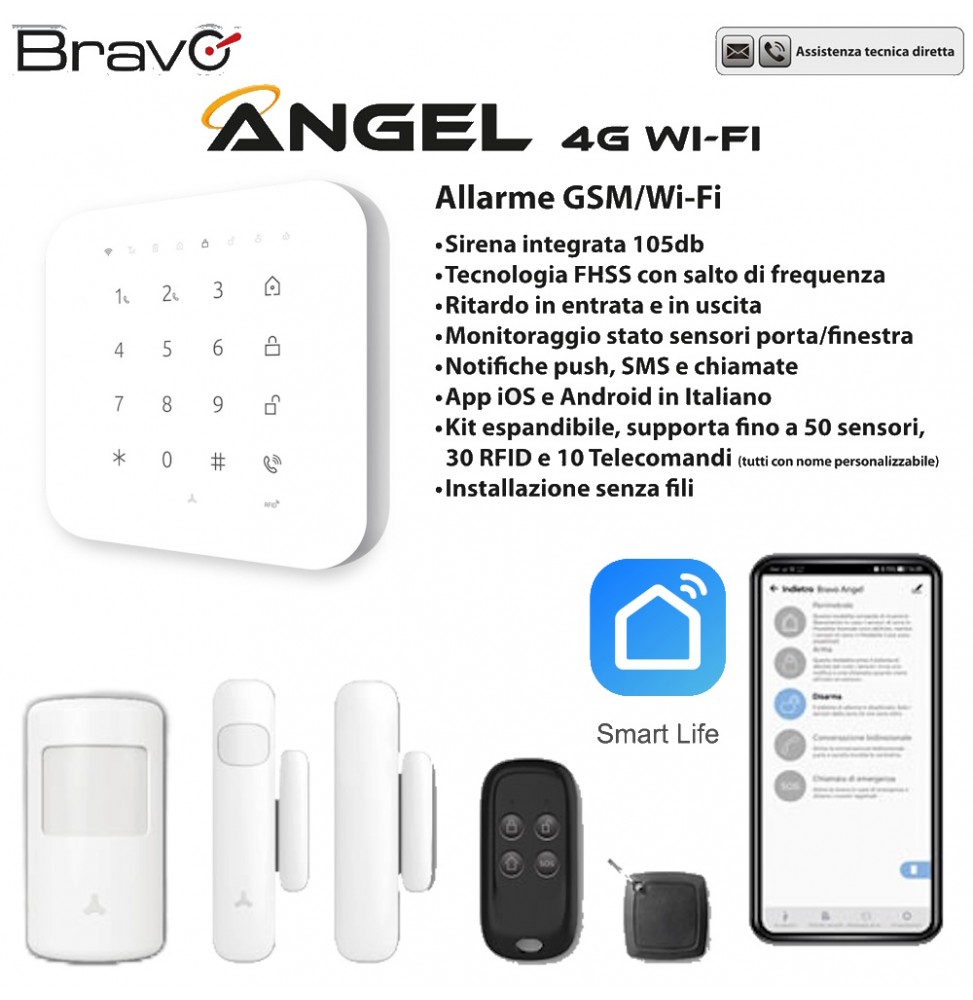 BRAVO ANGEL KIT ALLARME ANTIFURTO WIRELESS 4G WI-FI SMART ANDROID IOS